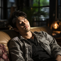 Obraz premium A man sleeping on the couch. Generative AI. 