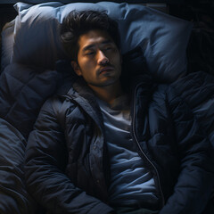 Fototapeta premium A man trying to sleep but he has insomnia or anxiety. Generative AI. 