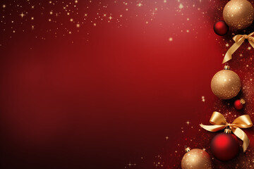 Red christmas background with balls and golden ribbon