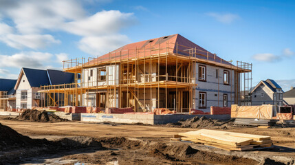 Fototapeta na wymiar Construction residential new house in progress at building site housing estate development