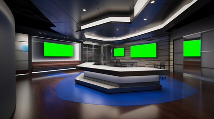 newsroom with green screen television screens and news desk - obrazy, fototapety, plakaty