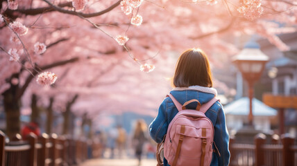 Young student under cherry blossoms, vibrant spring.