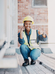 Phone call, portrait black woman, construction worker and thumbs up for HVAC machine, heat pump or...