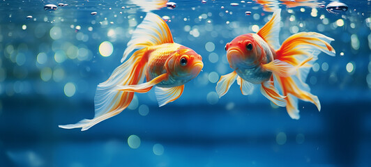 two goldfish in blue water - obrazy, fototapety, plakaty