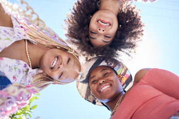 Black woman, blue sky and portrait of friends happy, smile and relax on San Francisco vacation for...