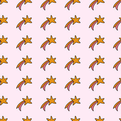 Pink pattern with flying comets. Space background. Simple stars on a pastel background. Illustration for children that is suitable for the web, textiles, scrapbooking, and much more. 