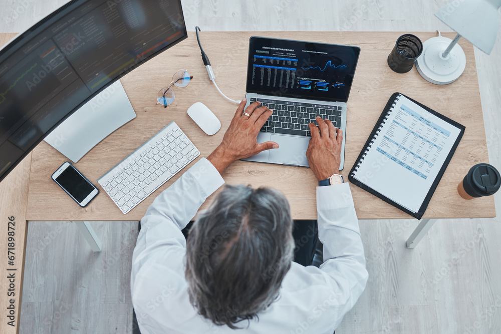 Poster laptop screen, stock market and person on data analytics dashboard, financial budget or investment a