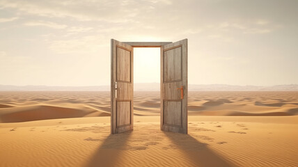 A door opened on desert. Start up concept - obrazy, fototapety, plakaty