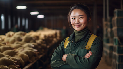 A smiling asian female pig farmer stands with his arms folded in the poultry shed - obrazy, fototapety, plakaty