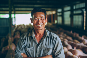 A smiling asian male pig farmer stands with his arms folded in the poultry shed