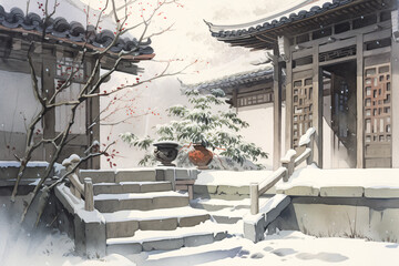 Chinese painting twenty-four solar terms illustration Winter Solstice, ancient style illustration of village houses in winter
