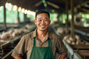 A smiling asian male pig farmer stands with his arms folded in the poultry shed - obrazy, fototapety, plakaty