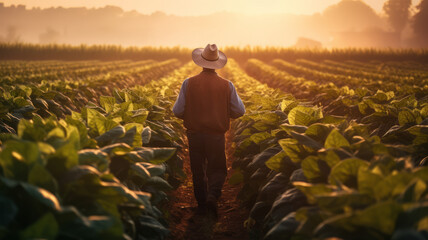A young male agronomist farmer in a tobacco field. - obrazy, fototapety, plakaty