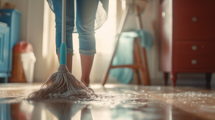A young woman cleaning floor with wet mop at home.