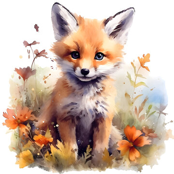watercolor fox cub sitting in flowers