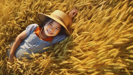 Thailand, happy little girl farmer lie on rice field, top view
