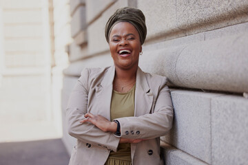 Portrait, lawyer and confident in city with black woman at courtroom with motivation for career. Success, happiness and crossed arms with female attorney for job as advocate for justice with vision. - obrazy, fototapety, plakaty