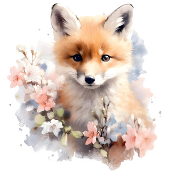 recommend clip art: Watercolor painting of cute fox cub with flower art