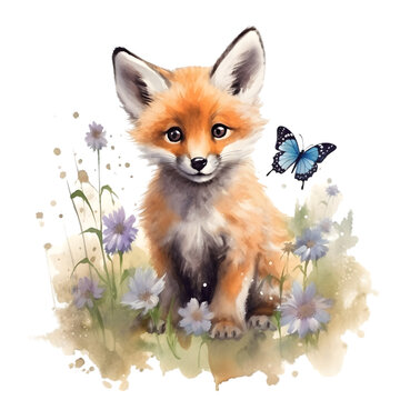 recommend clip art: Watercolor painting of cute fox cub with flower art