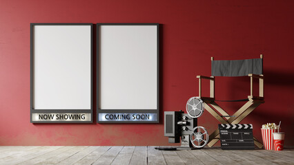 Two movie posters with "Now Showing" and "Coming Soon" on the red wall, 3d rendering