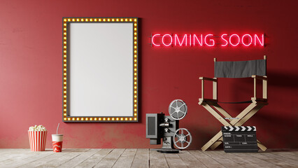 A movie poster mockup with a light bulb attached to the rim next to a neon sign that reads "Coming Soon.", 3d rendering