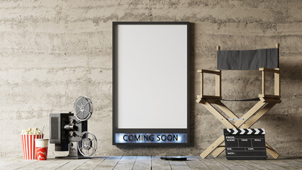 A movie poster mock-up with "Coming Soon" is accompanied by popcorn, a director's chair and a projector, 3d rendering