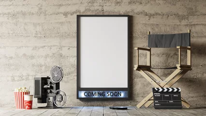 Fotobehang A movie poster mock-up with "Coming Soon" is accompanied by popcorn, a director's chair and a projector, 3d rendering © AddMeshCube