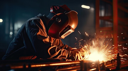 Professional Heavy Industry Worker Wearing Helmet Welding Oil and Gas Pipe. Construction of the Oil, Natural Gas and fuels Transport Pipeline. Industrial Manufacturing Factory