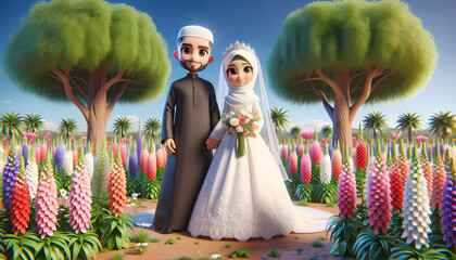 3D cartoon of an Islam Arab bride, a woman with tan skin and wearing a white bridal gown with a hijab, and groom, a man with tan skin wearing a traditional groom clothing 