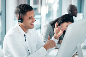 Telemarketing, man and talking in office, call center and explain system, process and deadline. Male employee, agent and happy consultant with headset, customer service and tech support in workplace - Powered by Adobe