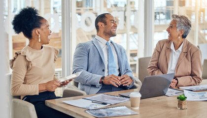 Business people, group and laughing in meeting for discussion, company update and communication of feedback. Diversity, corporate team and happy employees in collaboration, conversation or funny joke