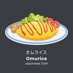 Japanese omlette omurice style on white plate. Creamy egg cook. Hand drawn watercolor vector illustration 