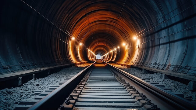 Fototapeta Railway tunnel construction site. Blurry straight circular concrete railway tunnel with lighting