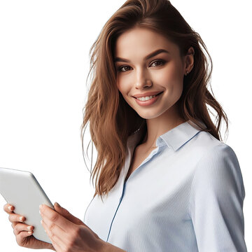 woman working at telecommunications company, smiling and holding digital tablet, transparent background, technology concept, generative ai