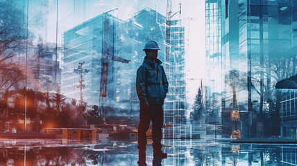 double exposure of man engineer in uniform and the construction building, beautiful city generative ai - obrazy, fototapety, plakaty
