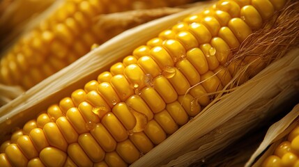 Close up, corn on wooden basket, corn in supermarket, organic vegetables