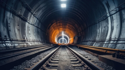 Fototapeta na wymiar Railway tunnel construction site. Blurry straight circular concrete railway tunnel with lighting
