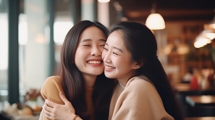 Mother day, cute asian teen girl hugging mature middle age mum. Love, kiss, care, happy smile enjoy family time. celebrate special occasion, happy birthday, merry Christmas. special day.