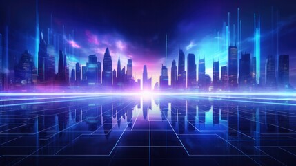 Naklejka premium cityscape with space and neon light effect. Modern hi-tech, science, futuristic technology concept. Abstract digital high tech city design for banner background