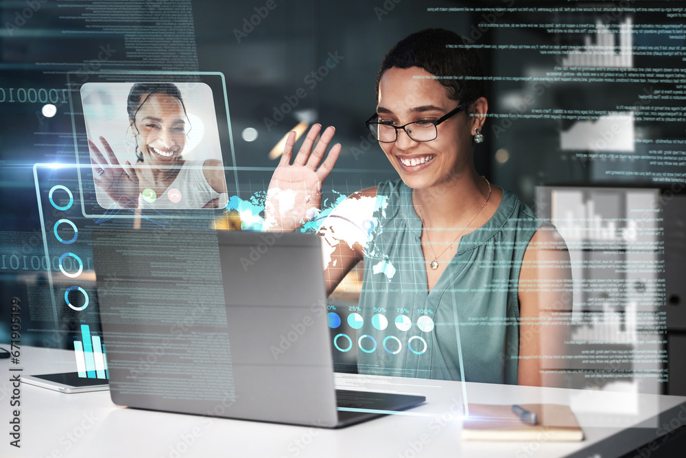 Poster Video call, laptop and black woman, technology abstract and analytics overlay with graph and communication. Business, global tech and futuristic with code, data and wave hello with webinar and wifi