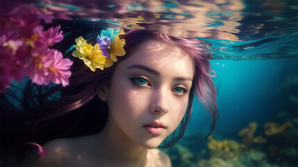 Obraz na płótnie Canvas Portrait of a beautiful mermaid swimming underwater