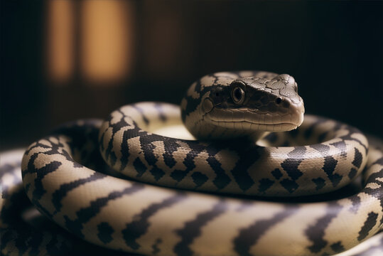 Snake looking forward against a dark background