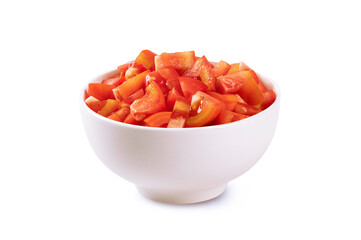 White bowl of slices tomatoes
isolated on white background.