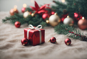 Obraz na płótnie Canvas christmas tree decorations with gift box
