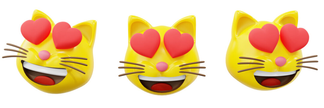 Naklejki 3D Emoticon Heart eyes or Adorable cat face in love yellow ball smiley or emoji