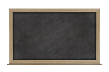 Empty black chalkboard with wooden frame isolated on transparent background. With copy space for text.