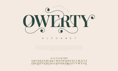 Qwerty premium luxury elegant alphabet letters and numbers. Elegant wedding typography classic serif font decorative vintage retro. Creative vector illustration