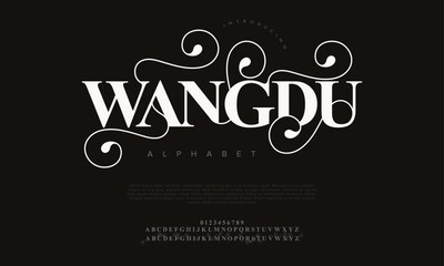 Wangdu premium luxury elegant alphabet letters and numbers. Elegant wedding typography classic serif font decorative vintage retro. Creative vector illustration