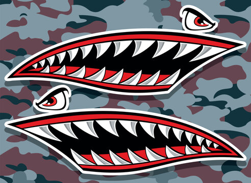 Flying tigers bomber plane vector graphic angry shark teeth shark mouth car decal motorcycle helmet and gas tank sticker on camouflage background