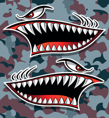 Motorcycle and car vector graphic Flying tigers shark teeth shark mouth vinyl decal biker helmet sticker on camouflage background